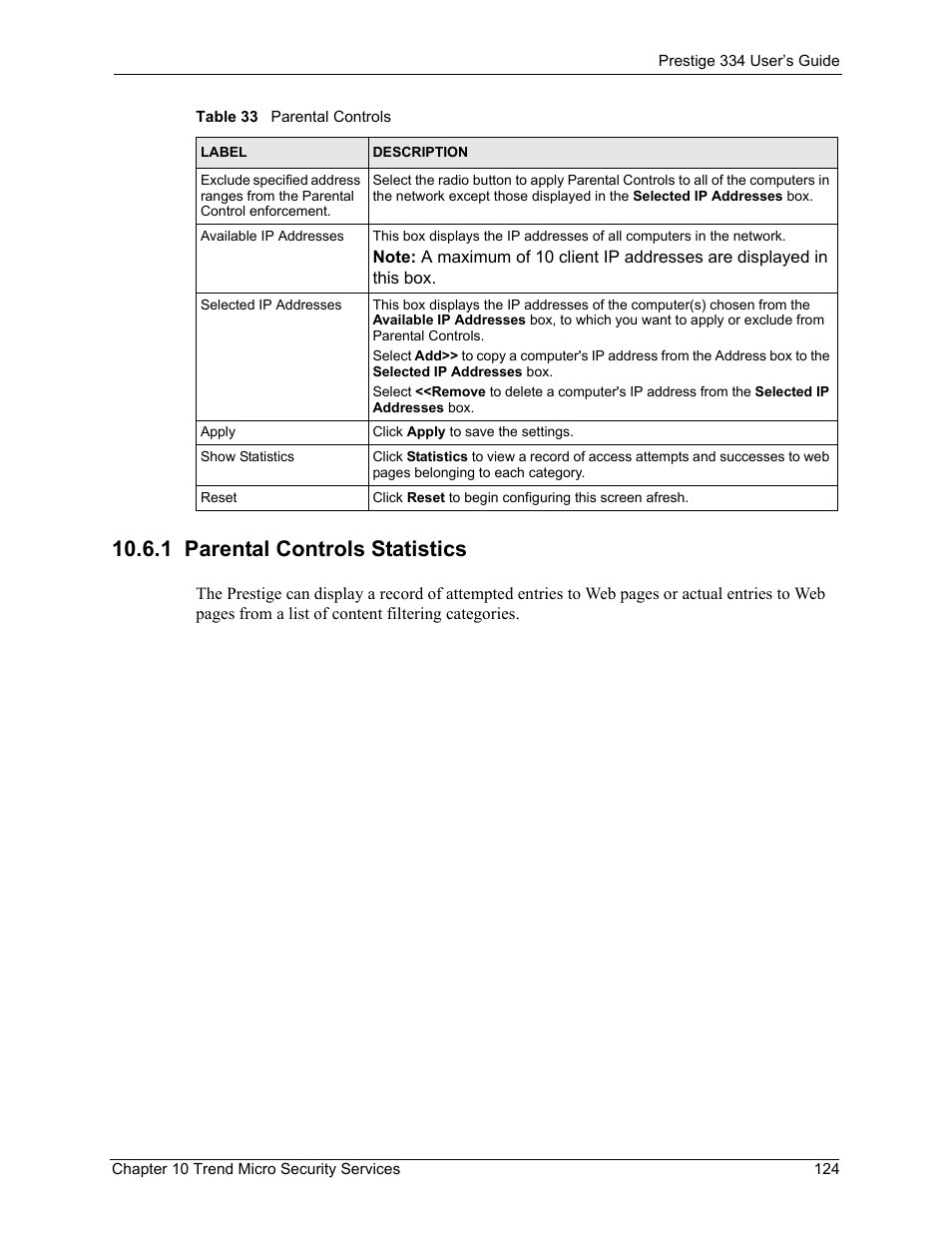 1 parental controls statistics | ZyXEL Communications P-334 User Manual | Page 125 / 366