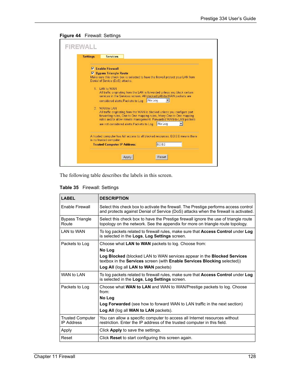Figure 44 firewall: settings, Table 35 firewall: settings | ZyXEL Communications P-334 User Manual | Page 129 / 366