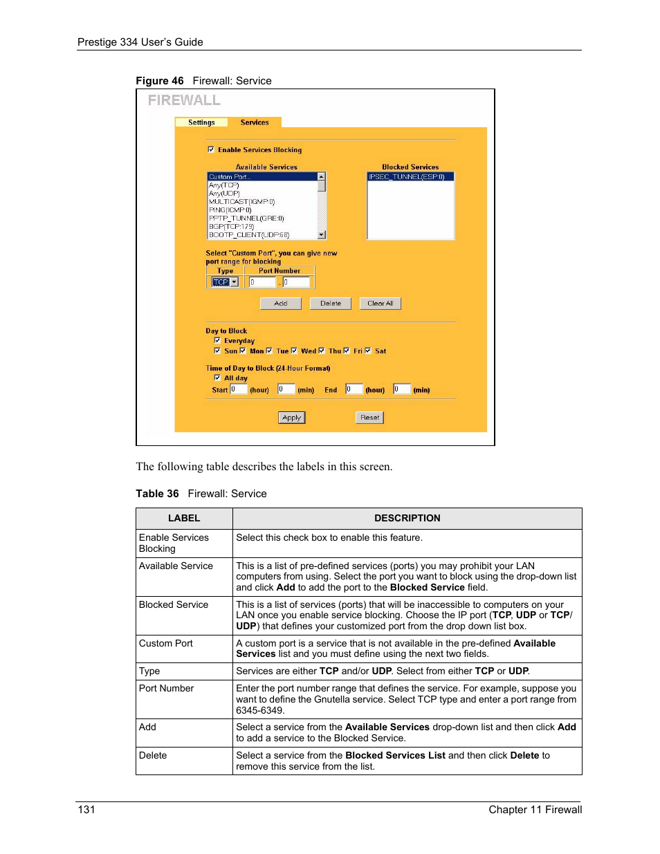 Figure 46 firewall: service, Table 36 firewall: service | ZyXEL Communications P-334 User Manual | Page 132 / 366