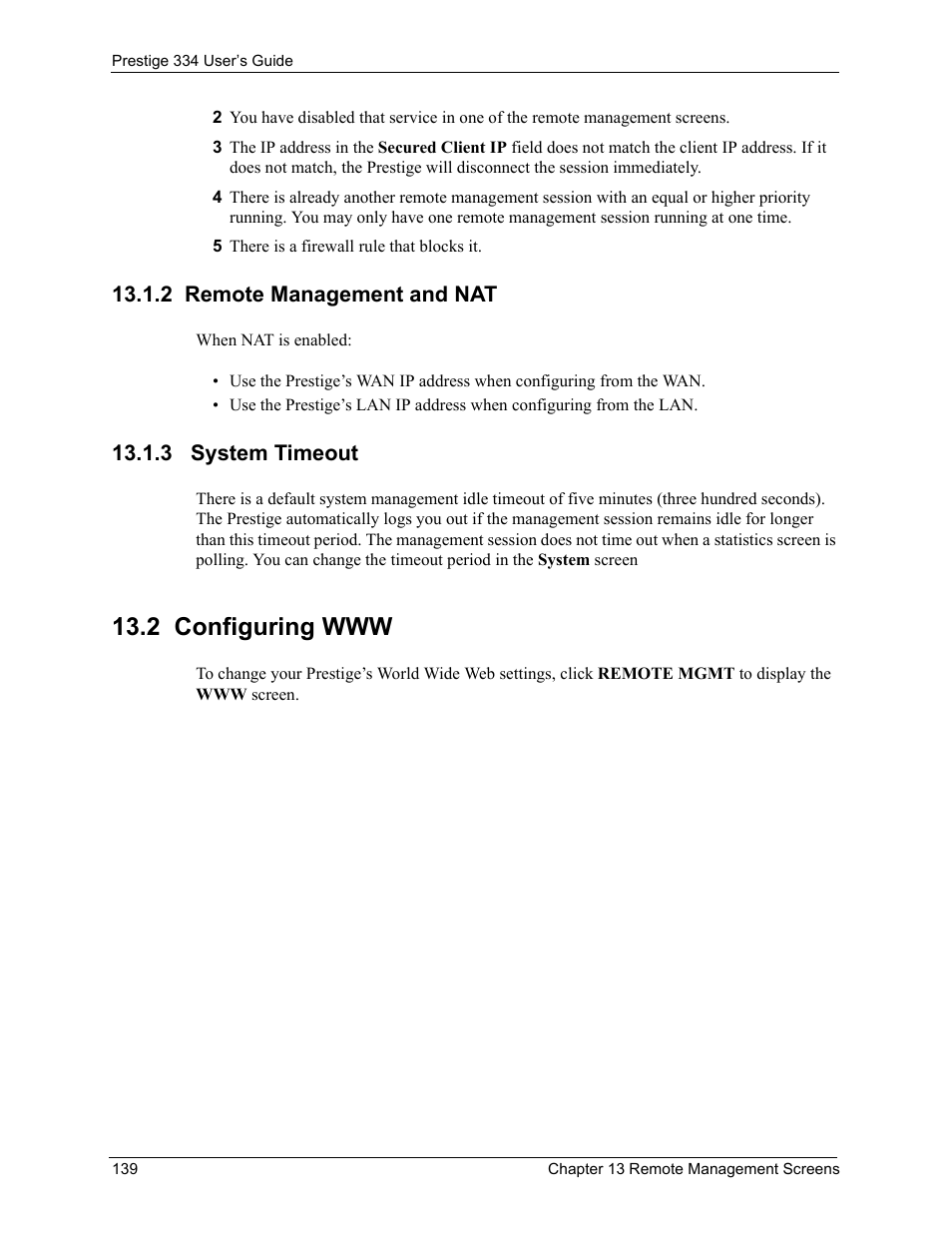 2 remote management and nat, 3 system timeout, 2 configuring www | 2 remote management and nat 13.1.3 system timeout | ZyXEL Communications P-334 User Manual | Page 140 / 366