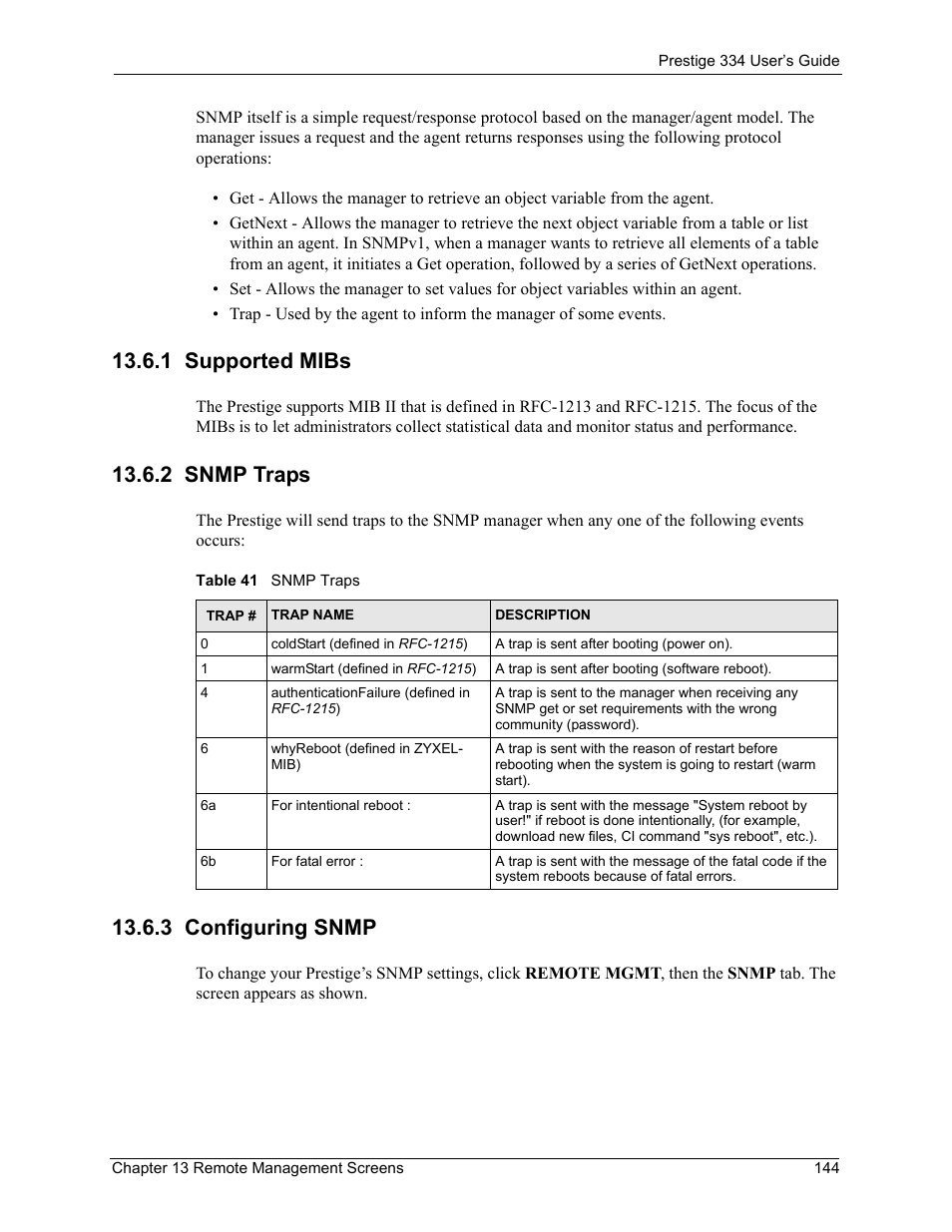 1 supported mibs, 2 snmp traps, 3 configuring snmp | Table 41 snmp traps | ZyXEL Communications P-334 User Manual | Page 145 / 366