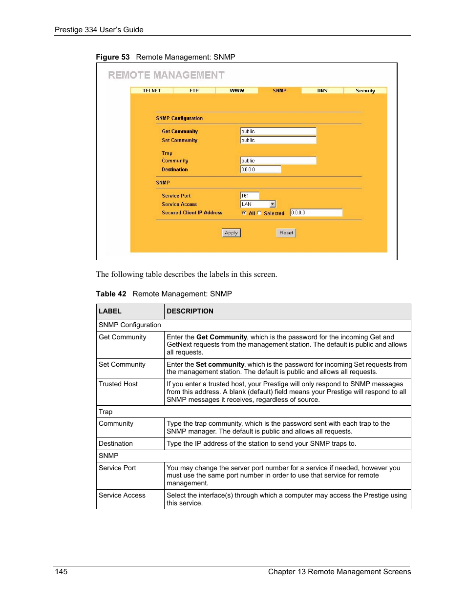Figure 53 remote management: snmp, Table 42 remote management: snmp | ZyXEL Communications P-334 User Manual | Page 146 / 366