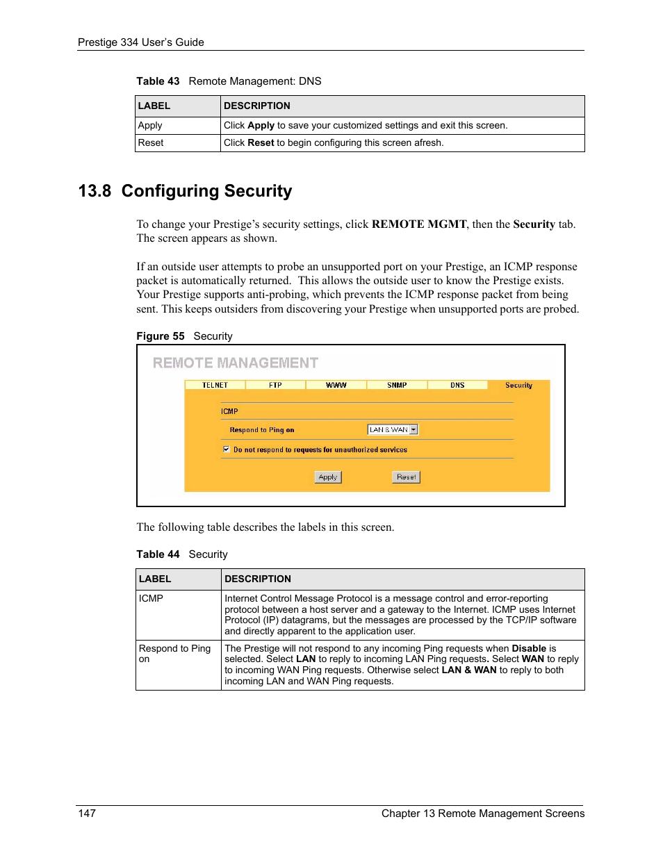 8 configuring security, Figure 55 security, Table 44 security | ZyXEL Communications P-334 User Manual | Page 148 / 366