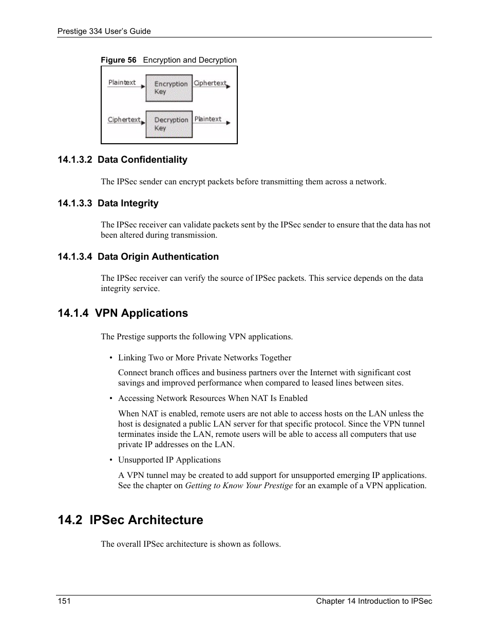 2 data confidentiality, 3 data integrity, 4 data origin authentication | 4 vpn applications, 2 ipsec architecture, Figure 56 encryption and decryption | ZyXEL Communications P-334 User Manual | Page 152 / 366