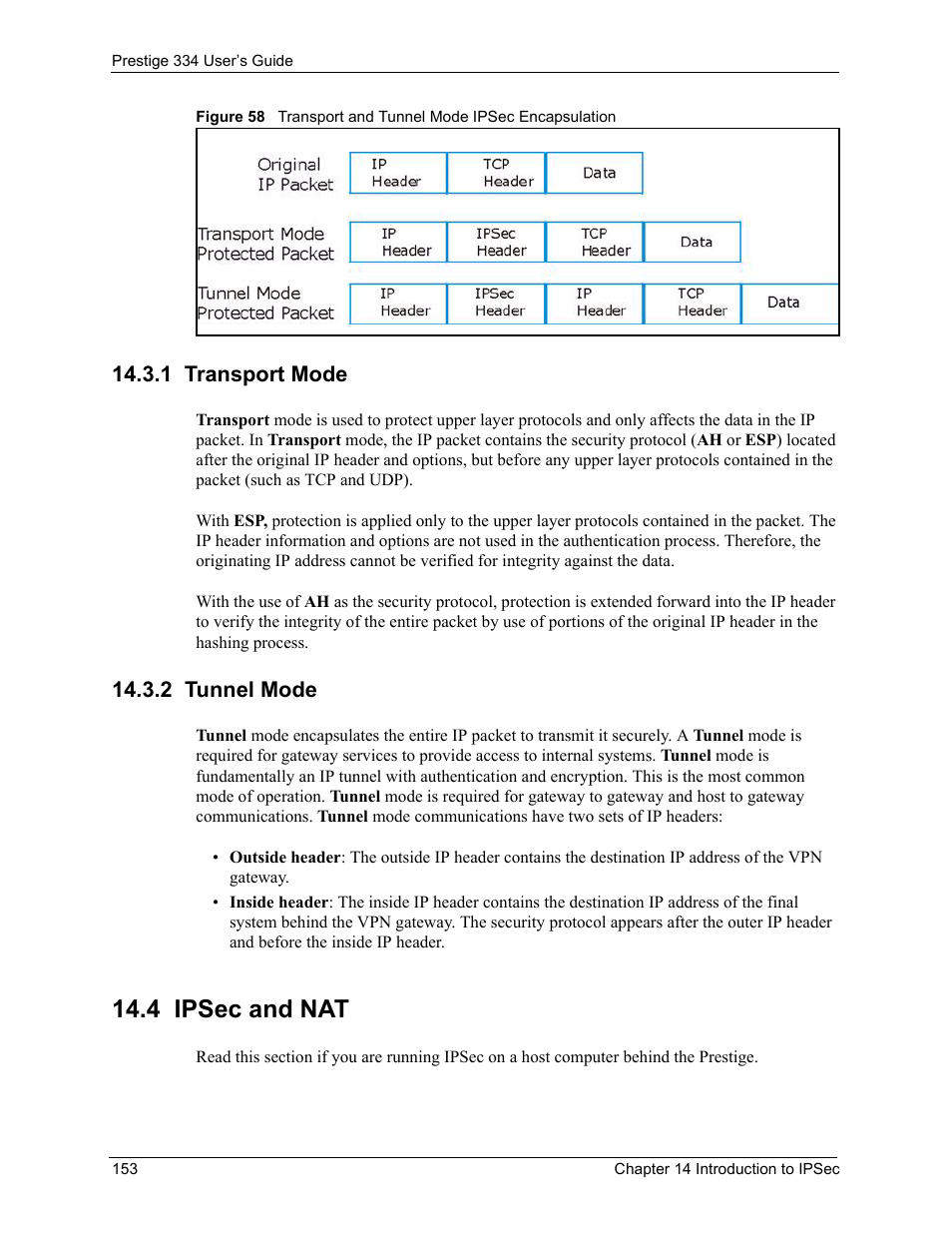 1 transport mode, 2 tunnel mode, 4 ipsec and nat | 1 transport mode 14.3.2 tunnel mode | ZyXEL Communications P-334 User Manual | Page 154 / 366
