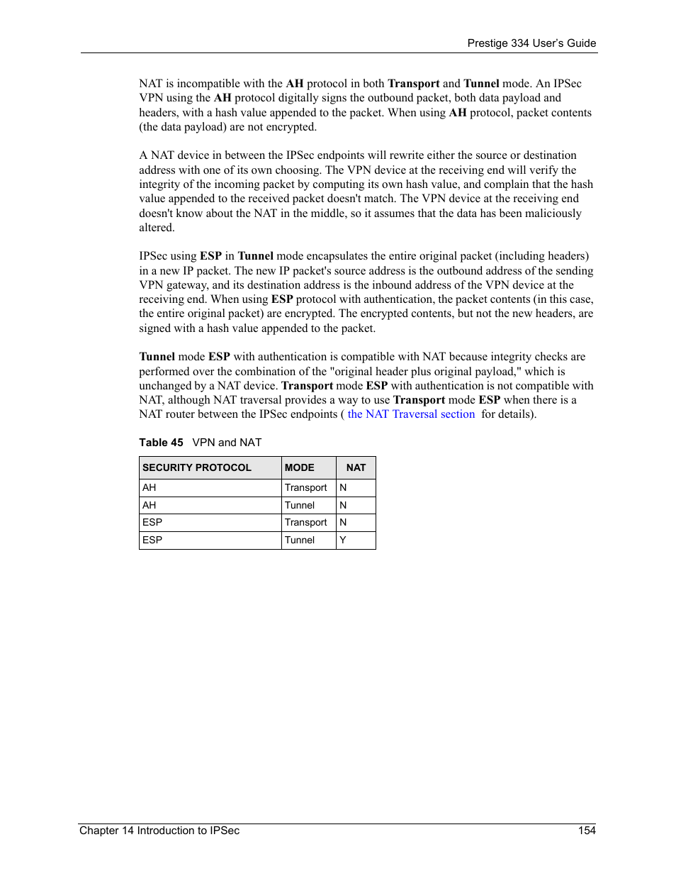 Table 45 vpn and nat | ZyXEL Communications P-334 User Manual | Page 155 / 366