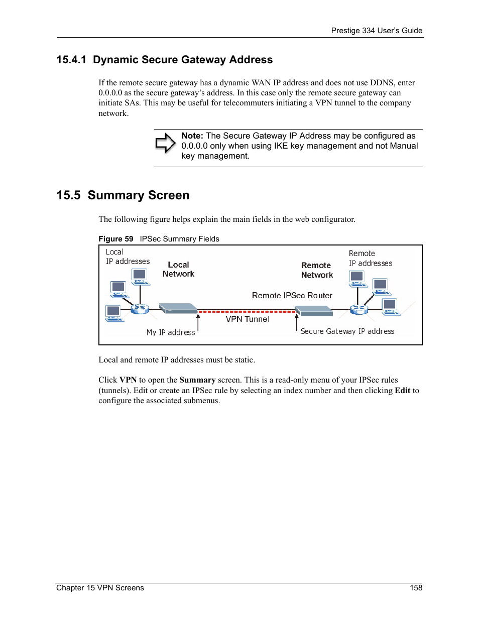 1 dynamic secure gateway address, 5 summary screen, Figure 59 ipsec summary fields | ZyXEL Communications P-334 User Manual | Page 159 / 366