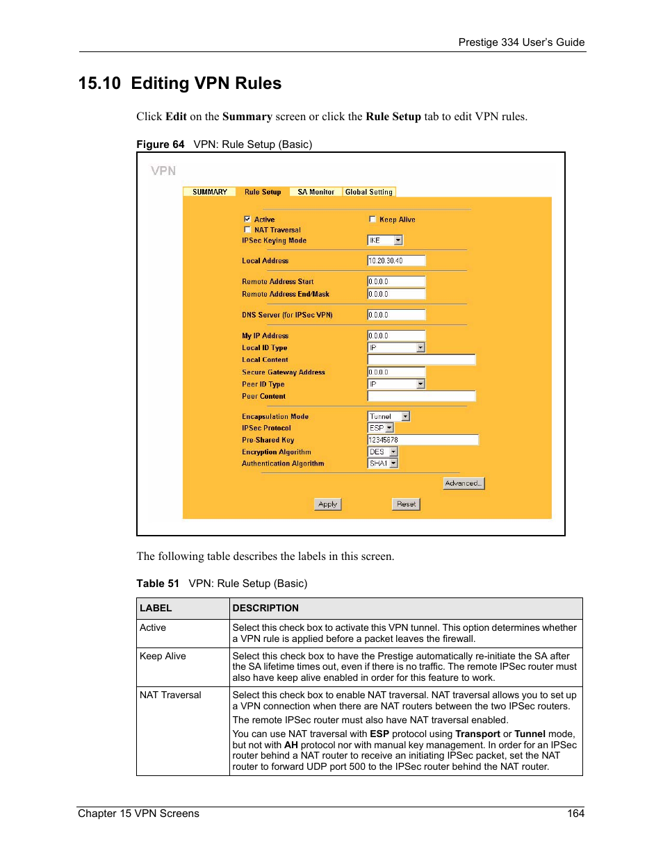 10 editing vpn rules, Figure 64 vpn: rule setup (basic), Table 51 vpn: rule setup (basic) | ZyXEL Communications P-334 User Manual | Page 165 / 366