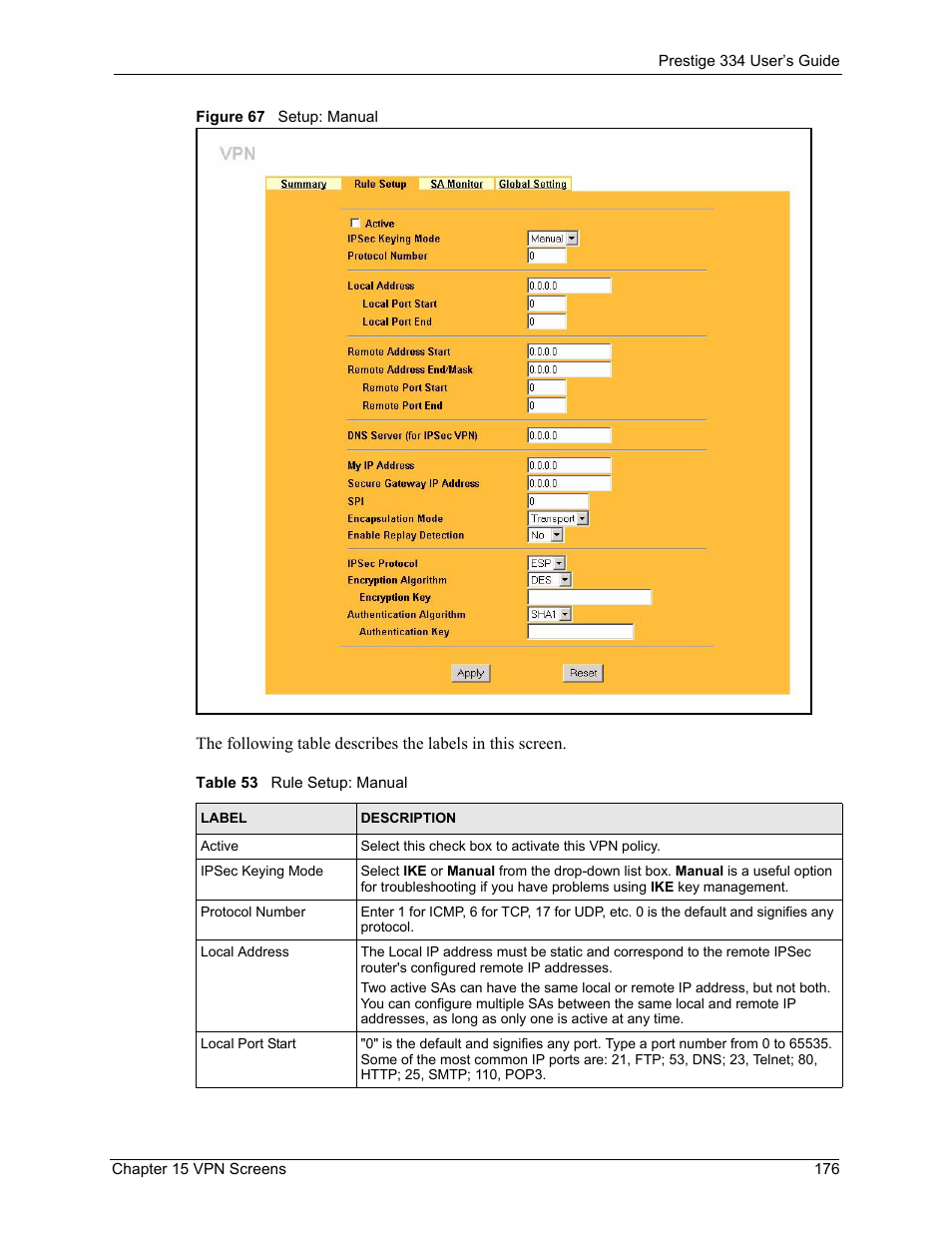 Figure 67 setup: manual, Table 53 rule setup: manual | ZyXEL Communications P-334 User Manual | Page 177 / 366