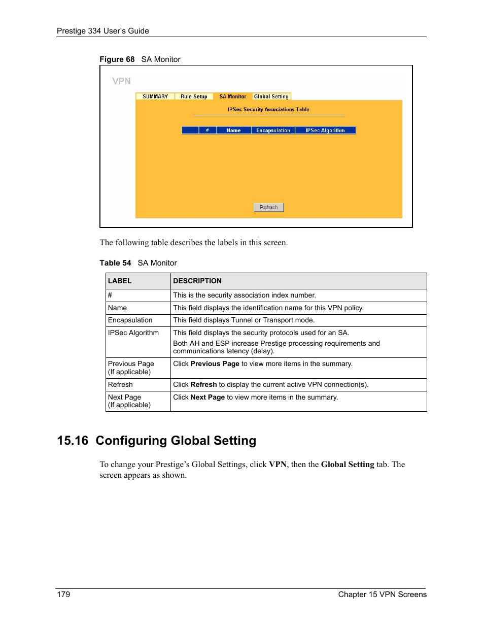 16 configuring global setting, Figure 68 sa monitor, Table 54 sa monitor | ZyXEL Communications P-334 User Manual | Page 180 / 366