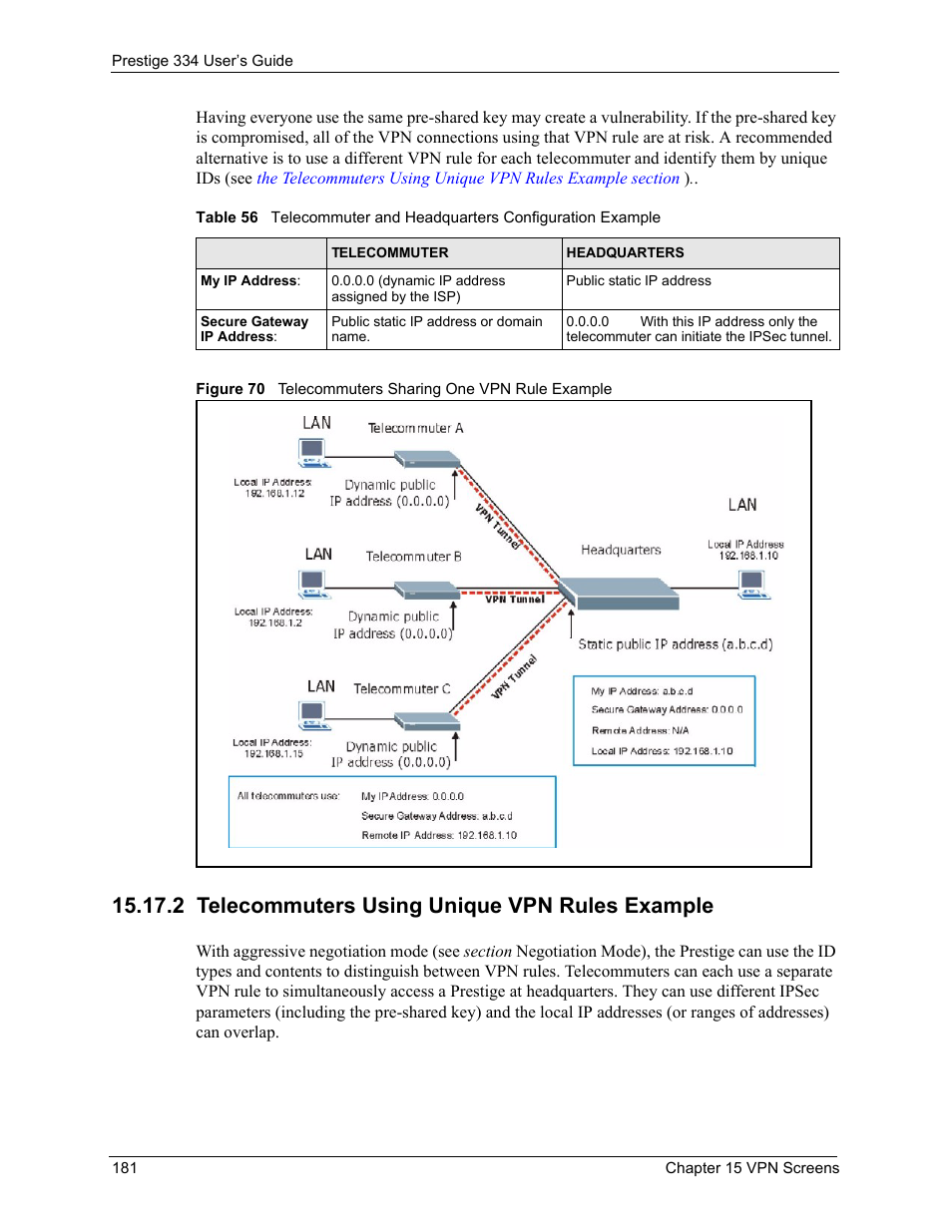 2 telecommuters using unique vpn rules example | ZyXEL Communications P-334 User Manual | Page 182 / 366
