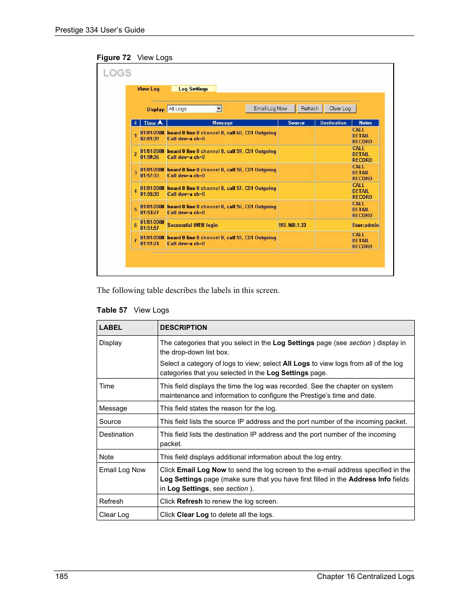 Figure 72 view logs, Table 57 view logs | ZyXEL Communications P-334 User Manual | Page 186 / 366