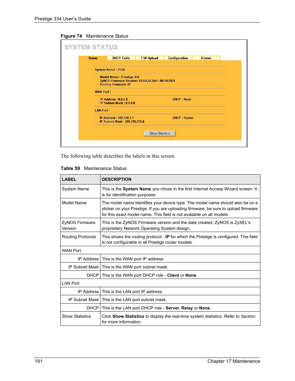 Figure 74 maintenance status, Table 59 maintenance status | ZyXEL Communications P-334 User Manual | Page 192 / 366