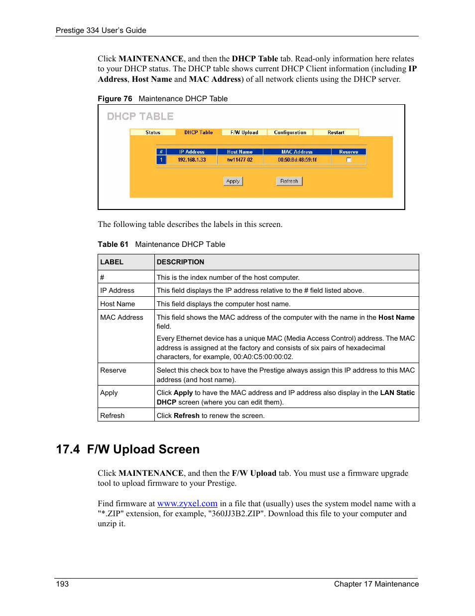 4 f/w upload screen, Figure 76 maintenance dhcp table, Table 61 maintenance dhcp table | ZyXEL Communications P-334 User Manual | Page 194 / 366