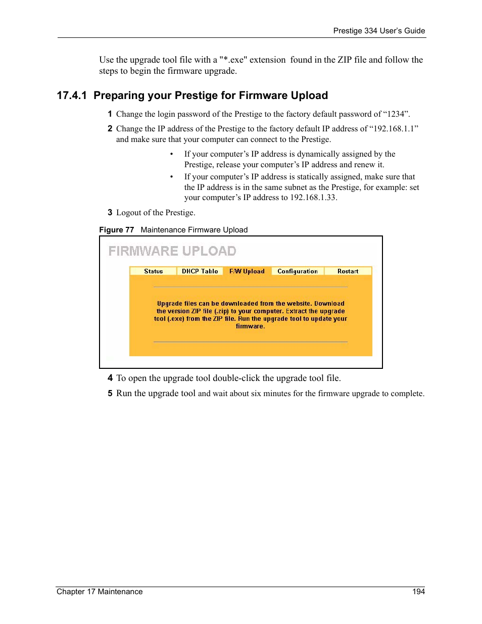 1 preparing your prestige for firmware upload, Figure 77 maintenance firmware upload | ZyXEL Communications P-334 User Manual | Page 195 / 366