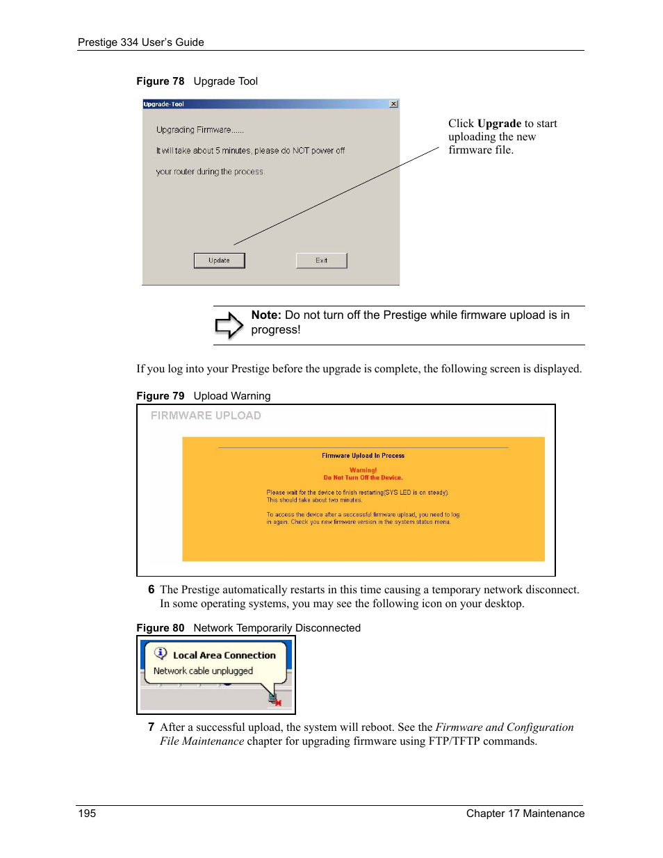 Figure 78 upgrade tool figure 79 upload warning, Figure 80 network temporarily disconnected | ZyXEL Communications P-334 User Manual | Page 196 / 366