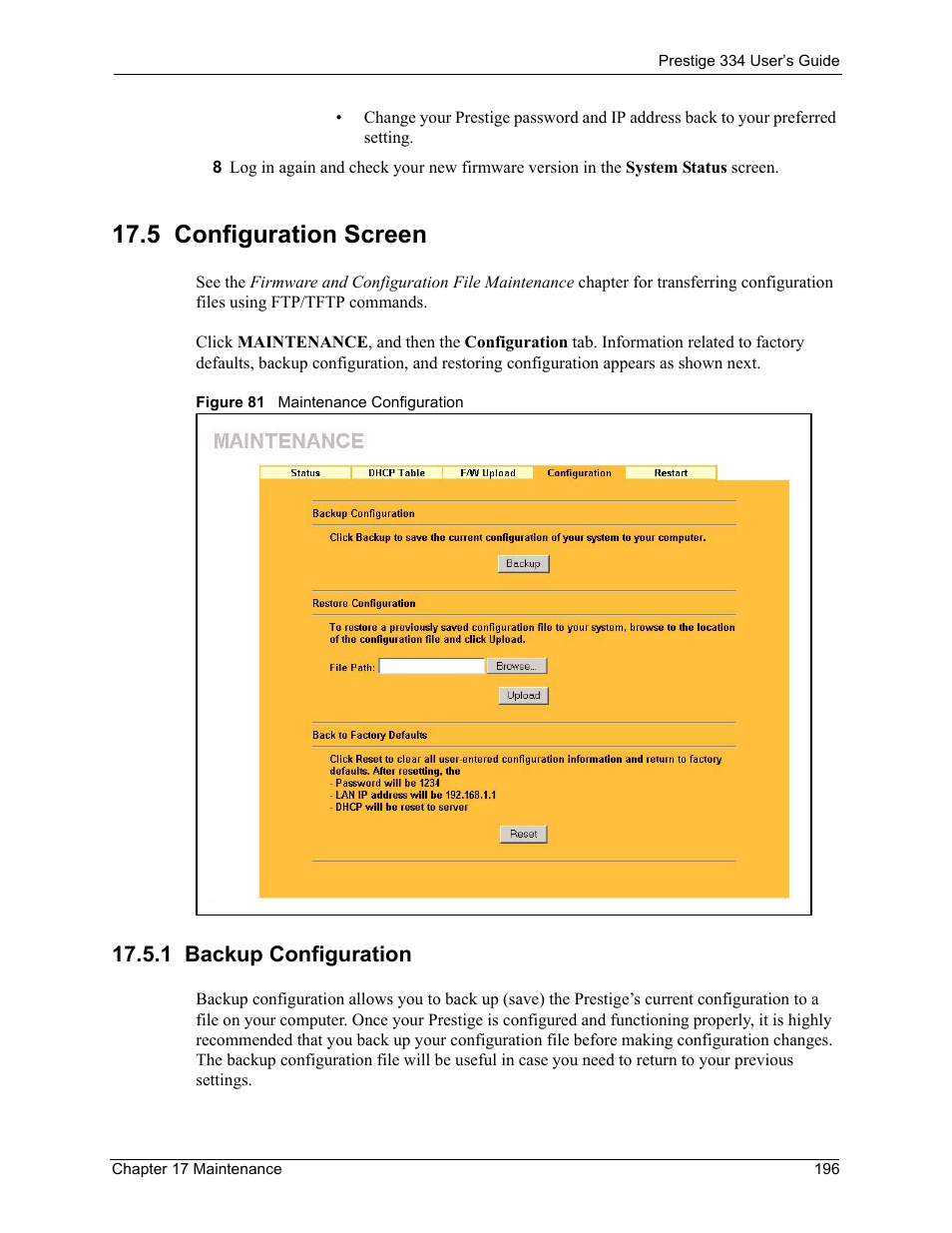 5 configuration screen, 1 backup configuration, Figure 81 maintenance configuration | ZyXEL Communications P-334 User Manual | Page 197 / 366
