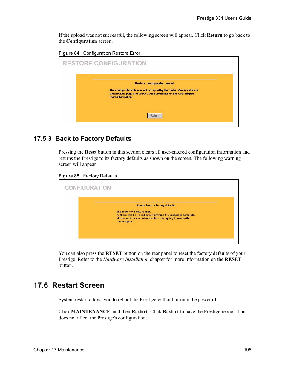 3 back to factory defaults, 6 restart screen | ZyXEL Communications P-334 User Manual | Page 199 / 366
