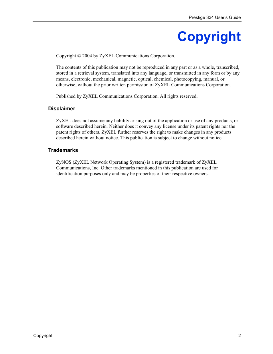 Copyright, Disclaimer, Trademarks | ZyXEL Communications P-334 User Manual | Page 2 / 366