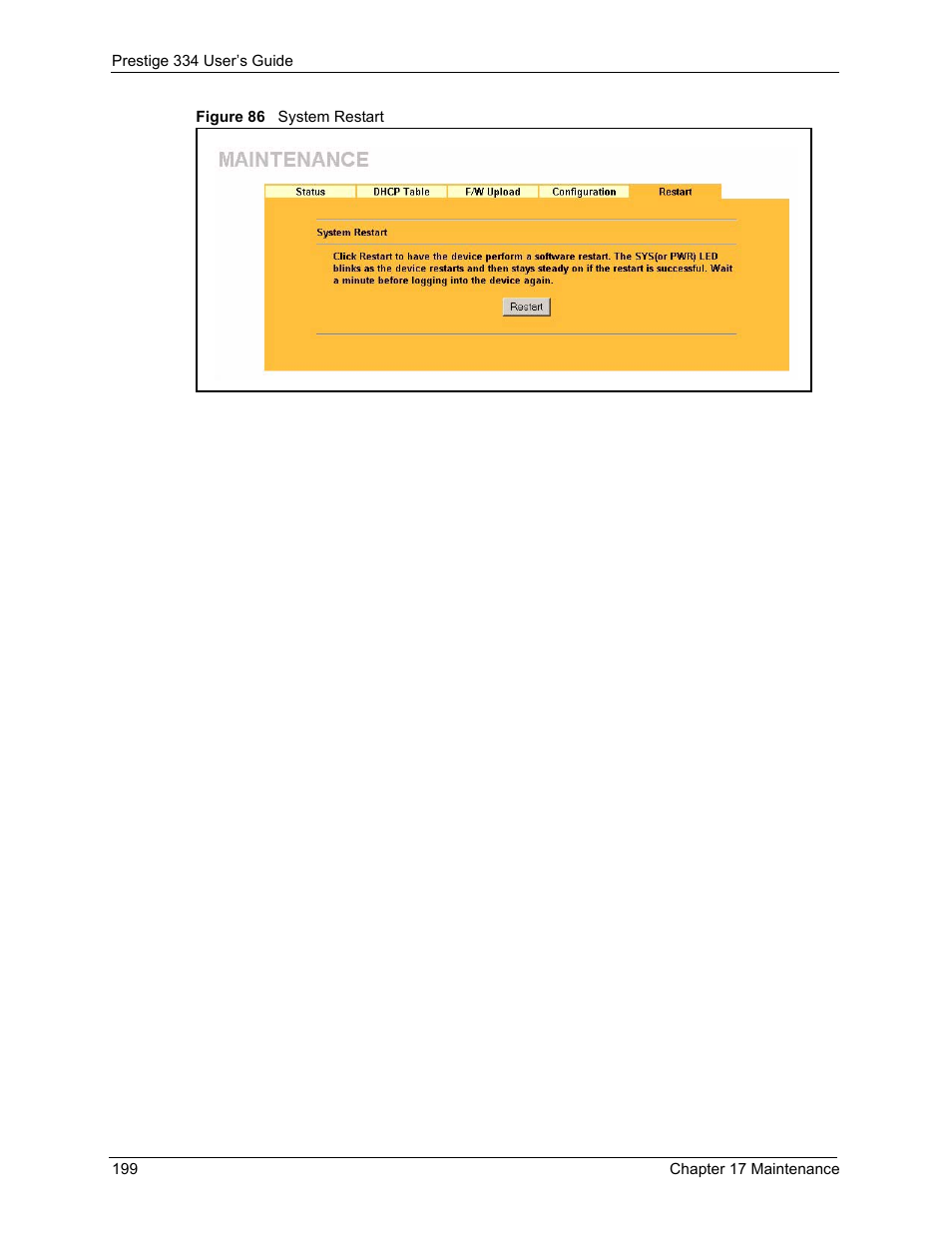 Figure 86 system restart | ZyXEL Communications P-334 User Manual | Page 200 / 366
