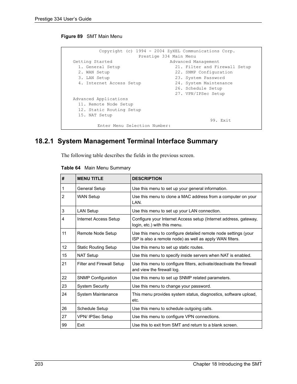 1 system management terminal interface summary, Figure 89 smt main menu, Table 64 main menu summary | ZyXEL Communications P-334 User Manual | Page 204 / 366