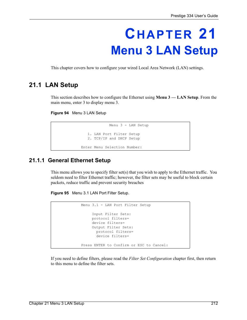 Menu 3 lan setup, 1 lan setup, 1 general ethernet setup | Chapter 21 menu 3 lan setup | ZyXEL Communications P-334 User Manual | Page 213 / 366
