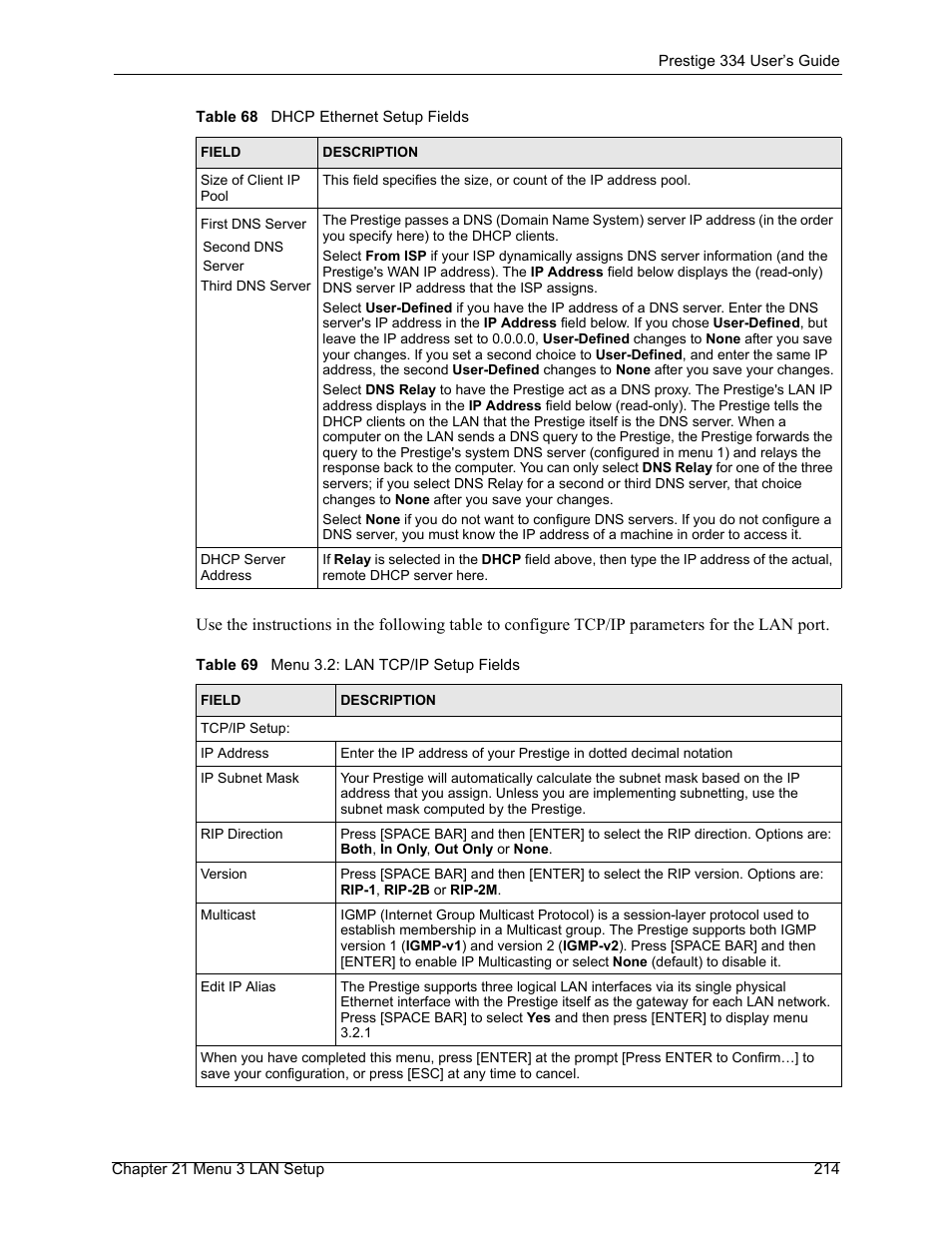 Table 69 menu 3.2: lan tcp/ip setup fields | ZyXEL Communications P-334 User Manual | Page 215 / 366
