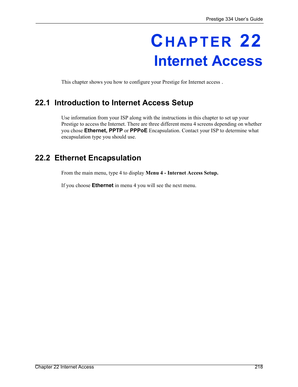 Internet access, 1 introduction to internet access setup, 2 ethernet encapsulation | Chapter 22 internet access | ZyXEL Communications P-334 User Manual | Page 219 / 366