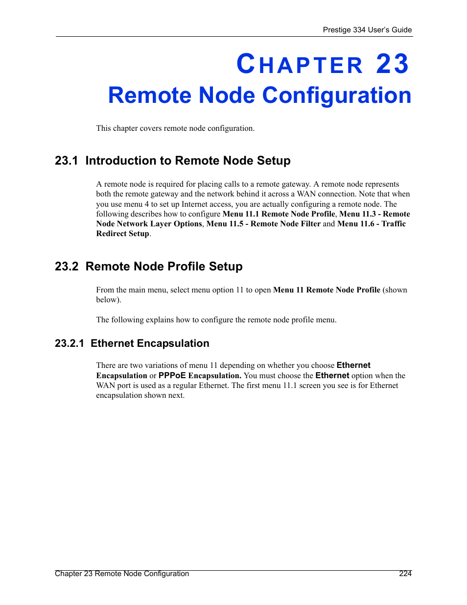 Remote node configuration, 1 introduction to remote node setup, 2 remote node profile setup | 1 ethernet encapsulation, Chapter 23 remote node configuration | ZyXEL Communications P-334 User Manual | Page 225 / 366