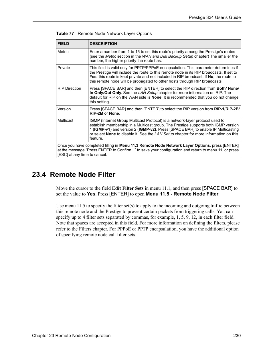 4 remote node filter | ZyXEL Communications P-334 User Manual | Page 231 / 366