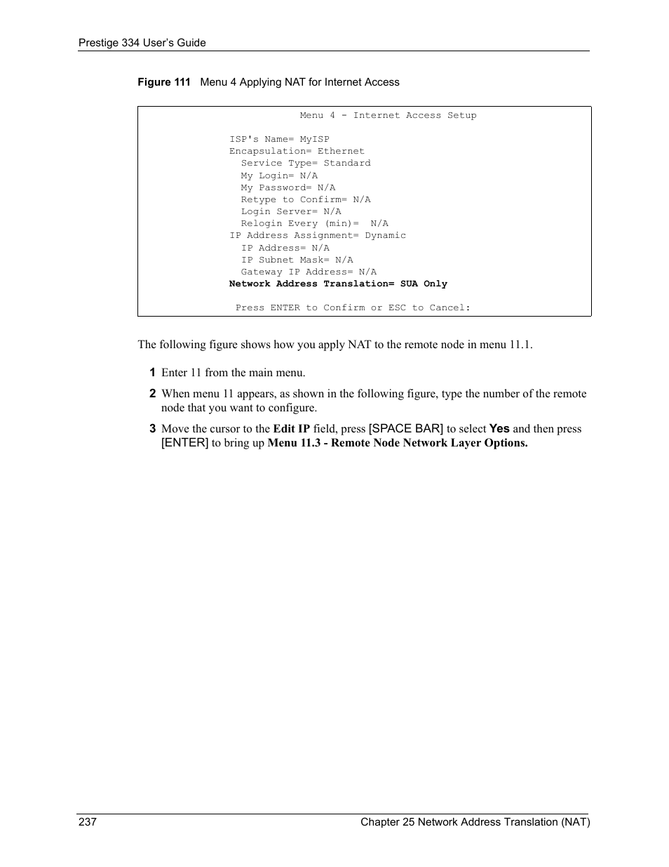 Figure 111 menu 4 applying nat for internet access | ZyXEL Communications P-334 User Manual | Page 238 / 366