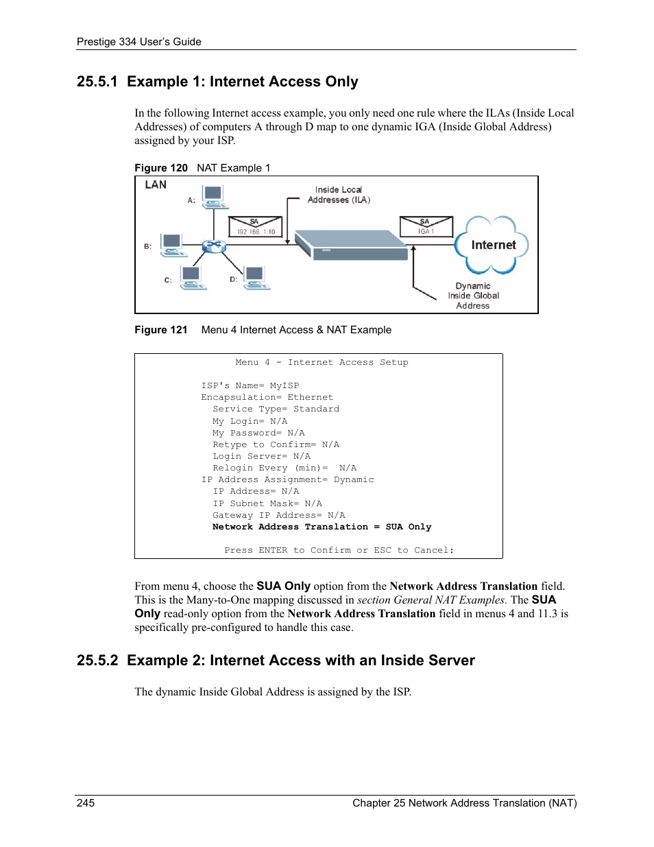 1 example 1: internet access only, 2 example 2: internet access with an inside server | ZyXEL Communications P-334 User Manual | Page 246 / 366