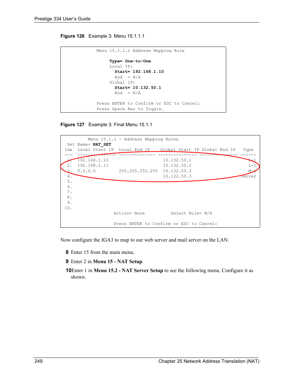 See figure 126, Example 3: final menu | ZyXEL Communications P-334 User Manual | Page 250 / 366
