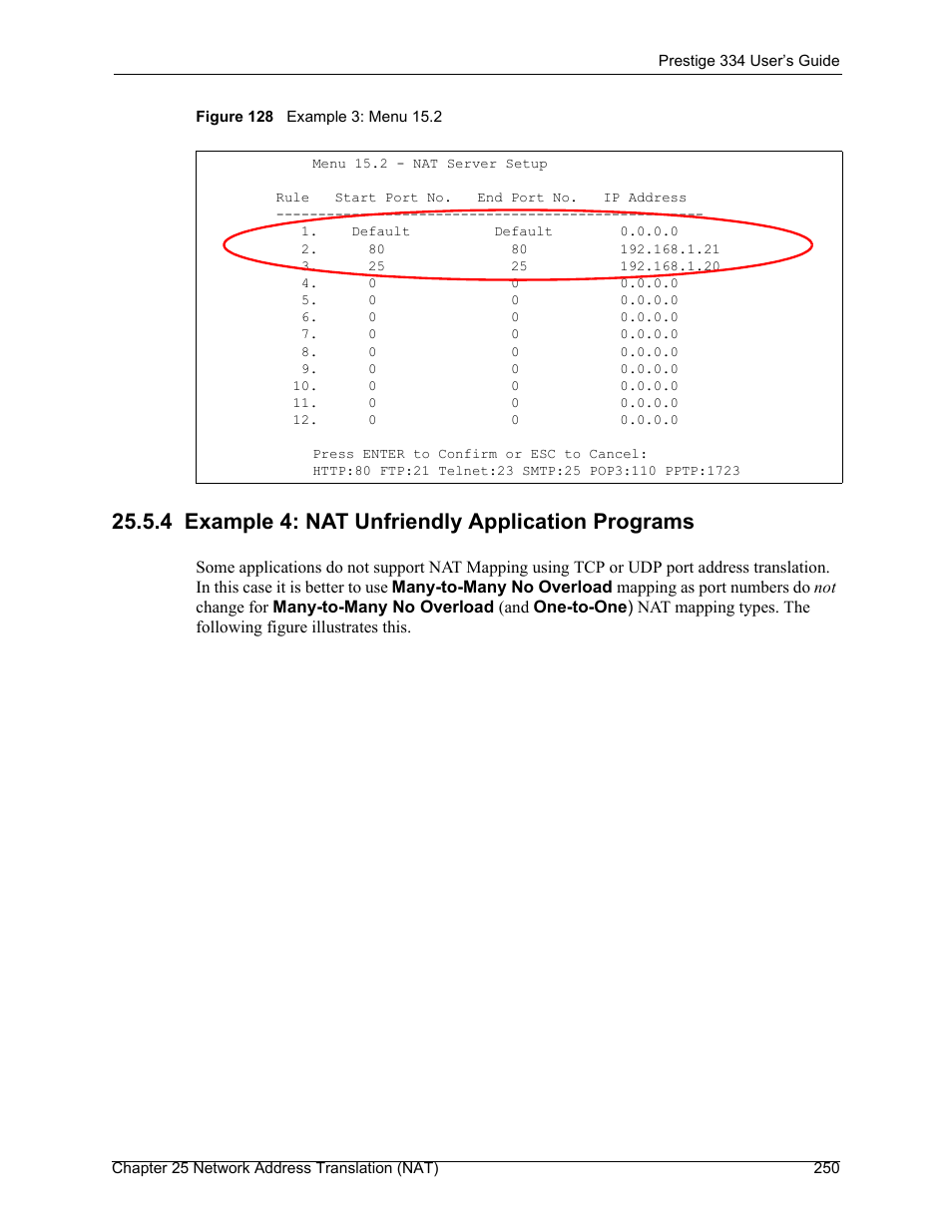 4 example 4: nat unfriendly application programs, Figure 128 example 3: menu 15.2 | ZyXEL Communications P-334 User Manual | Page 251 / 366