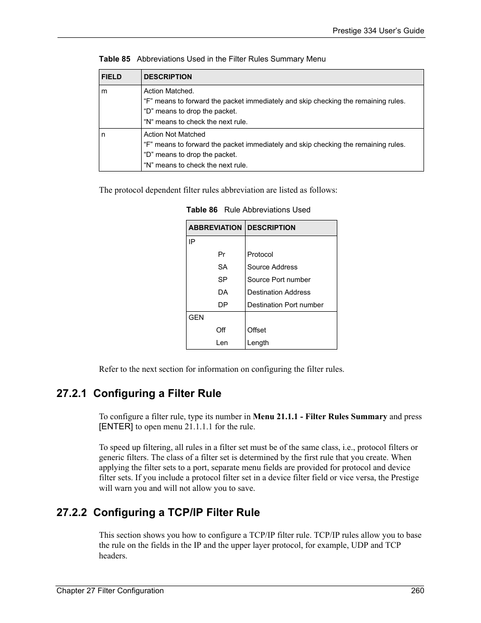 1 configuring a filter rule, 2 configuring a tcp/ip filter rule, Table 86 rule abbreviations used | ZyXEL Communications P-334 User Manual | Page 261 / 366