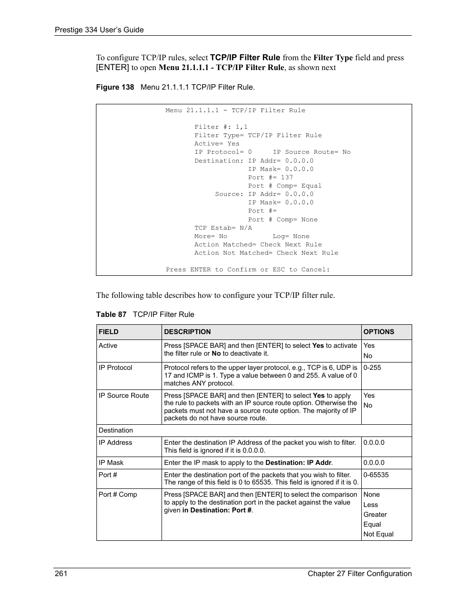 Figure 138 menu 21.1.1.1 tcp/ip filter rule, Table 87 tcp/ip filter rule | ZyXEL Communications P-334 User Manual | Page 262 / 366