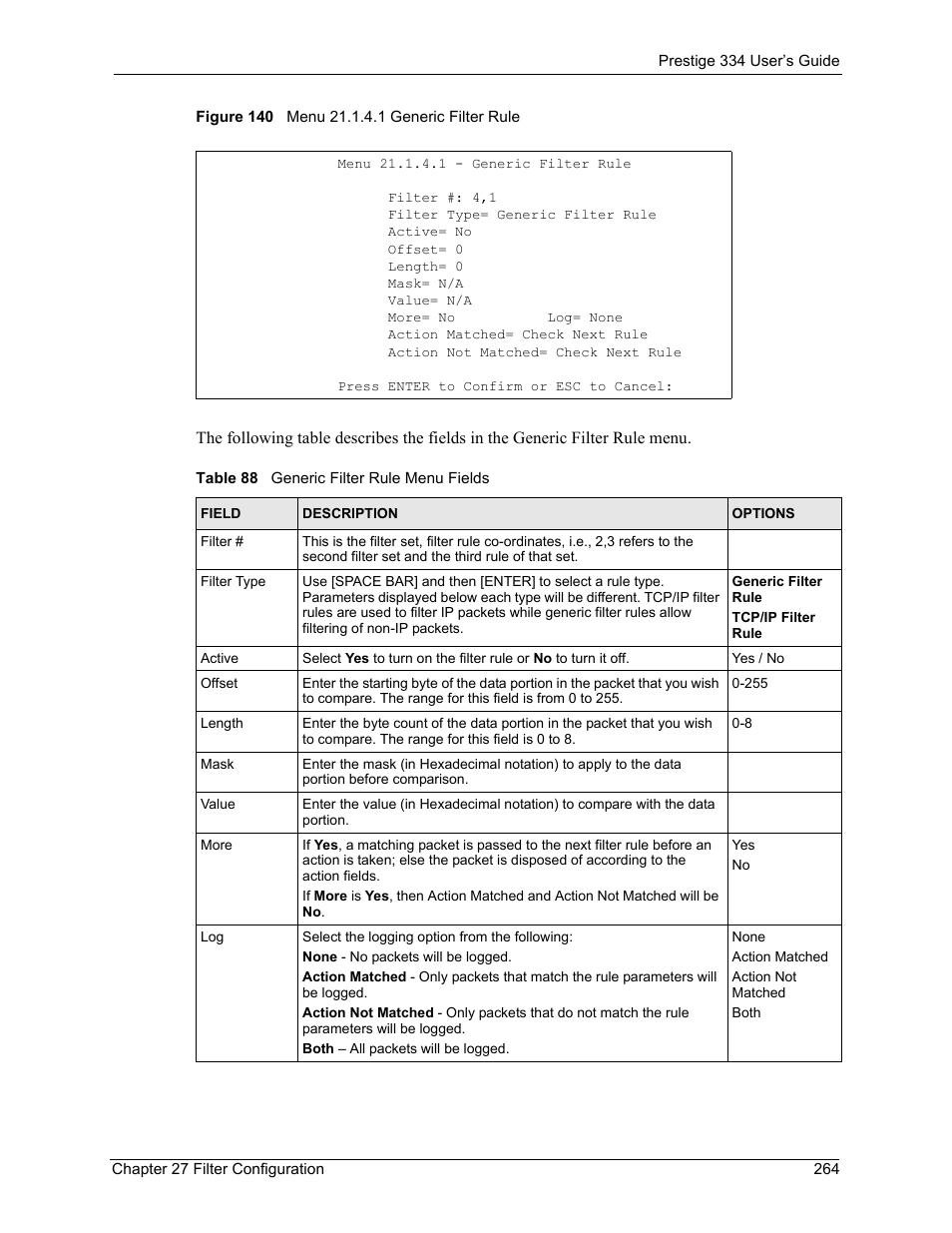 Figure 140 menu 21.1.4.1 generic filter rule, Table 88 generic filter rule menu fields | ZyXEL Communications P-334 User Manual | Page 265 / 366