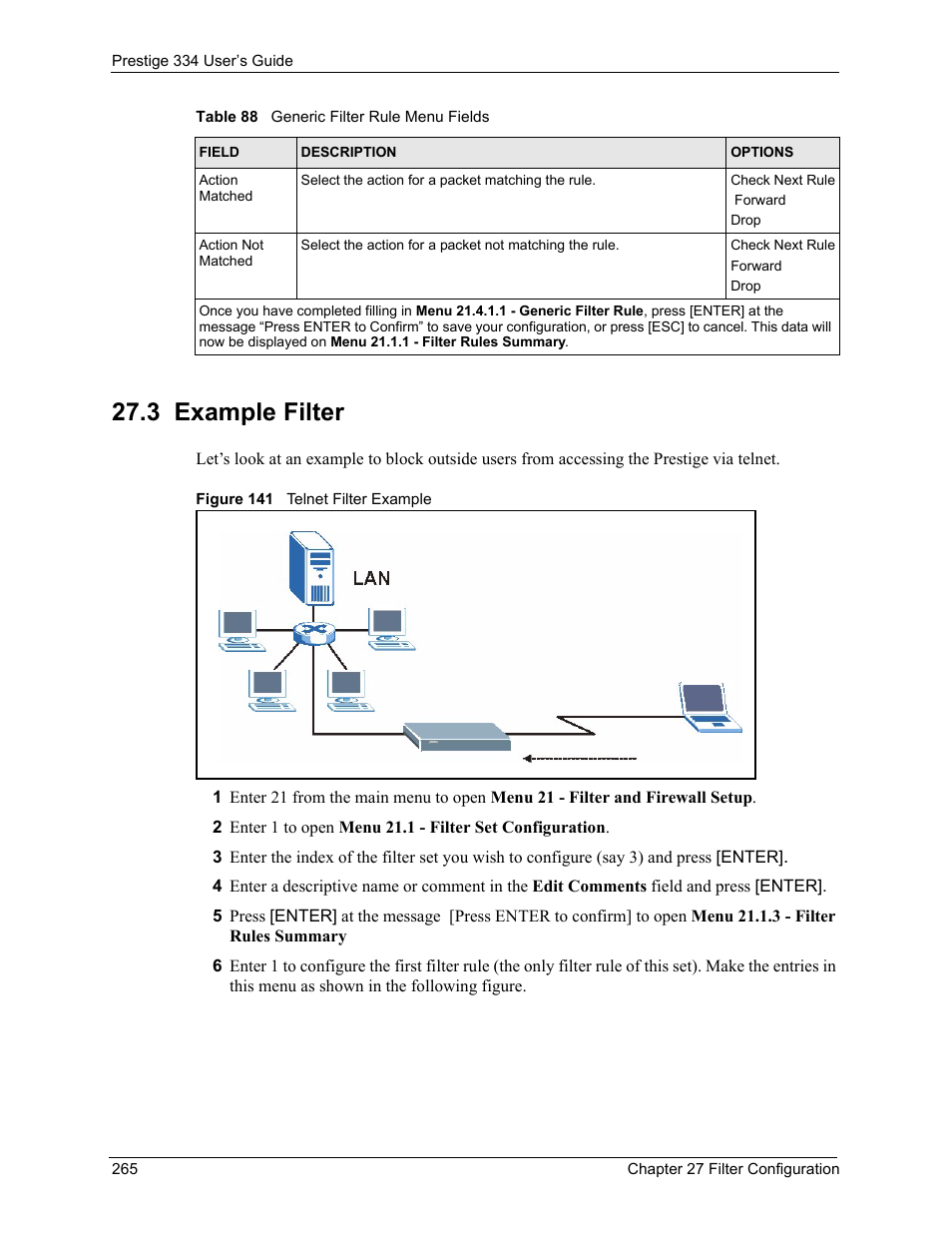3 example filter, Figure 141 telnet filter example | ZyXEL Communications P-334 User Manual | Page 266 / 366