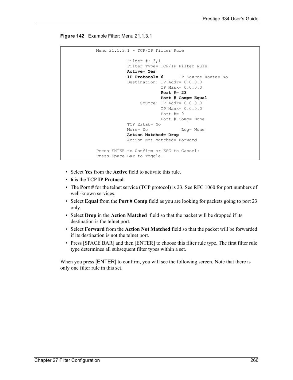 Figure 142 example filter: menu 21.1.3.1 | ZyXEL Communications P-334 User Manual | Page 267 / 366