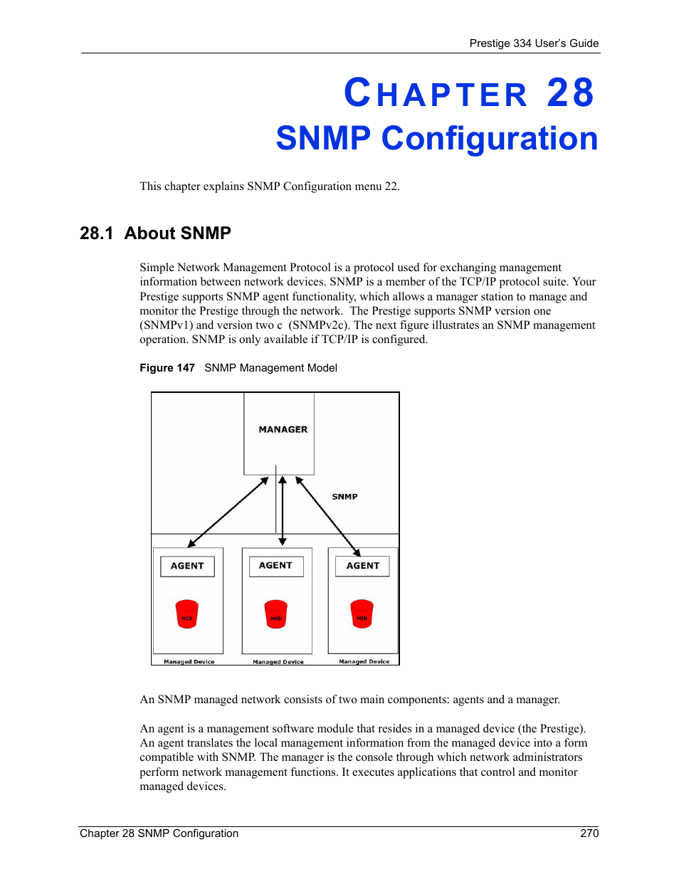 Snmp configuration, 1 about snmp, Chapter 28 snmp configuration | Figure 147 snmp management model | ZyXEL Communications P-334 User Manual | Page 271 / 366