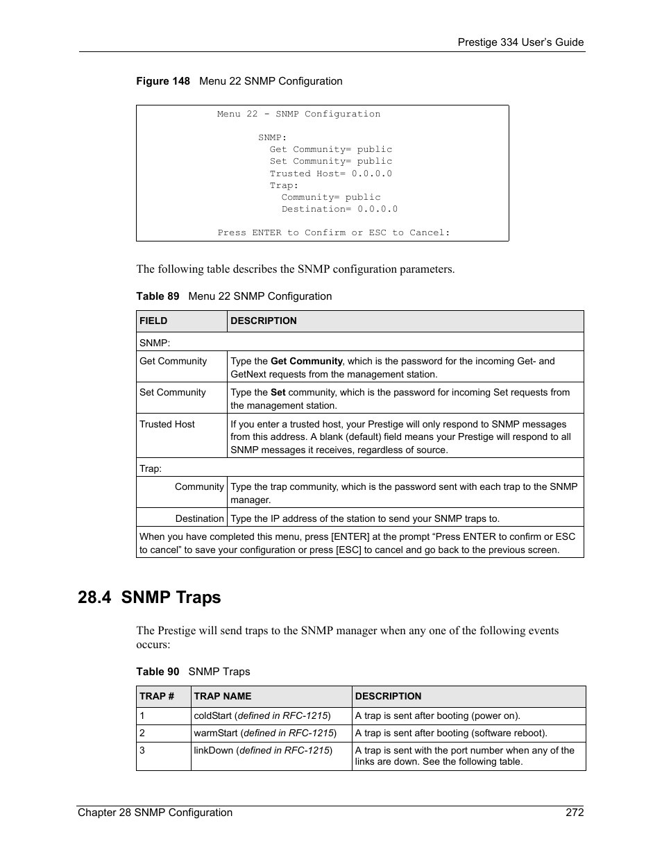 4 snmp traps, Figure 148 menu 22 snmp configuration | ZyXEL Communications P-334 User Manual | Page 273 / 366