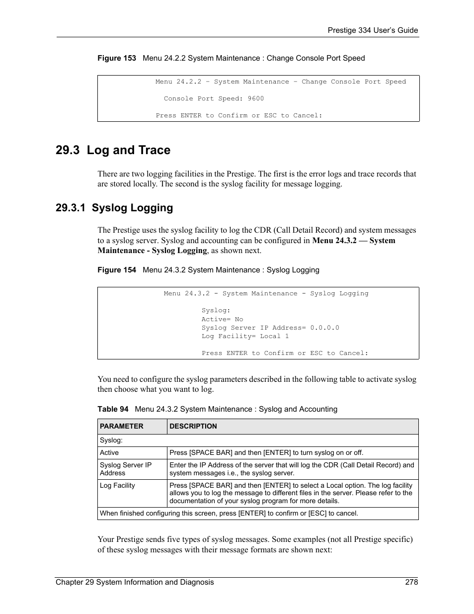 3 log and trace, 1 syslog logging | ZyXEL Communications P-334 User Manual | Page 279 / 366