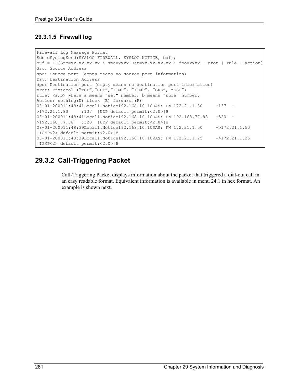5 firewall log, 2 call-triggering packet | ZyXEL Communications P-334 User Manual | Page 282 / 366