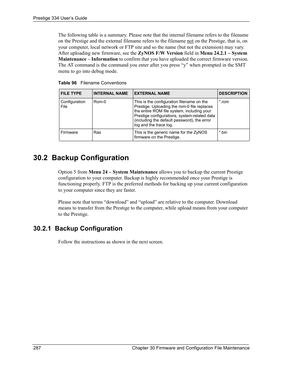 2 backup configuration, 1 backup configuration, Table 96 filename conventions | ZyXEL Communications P-334 User Manual | Page 288 / 366