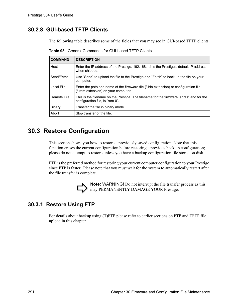 8 gui-based tftp clients, 3 restore configuration, 1 restore using ftp | ZyXEL Communications P-334 User Manual | Page 292 / 366