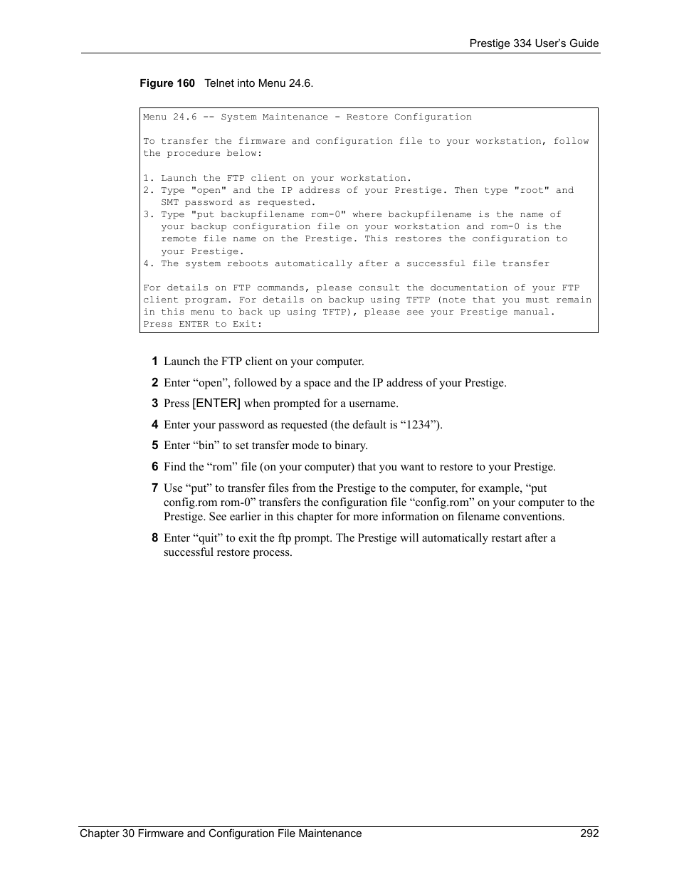 Figure 160 telnet into menu 24.6 | ZyXEL Communications P-334 User Manual | Page 293 / 366