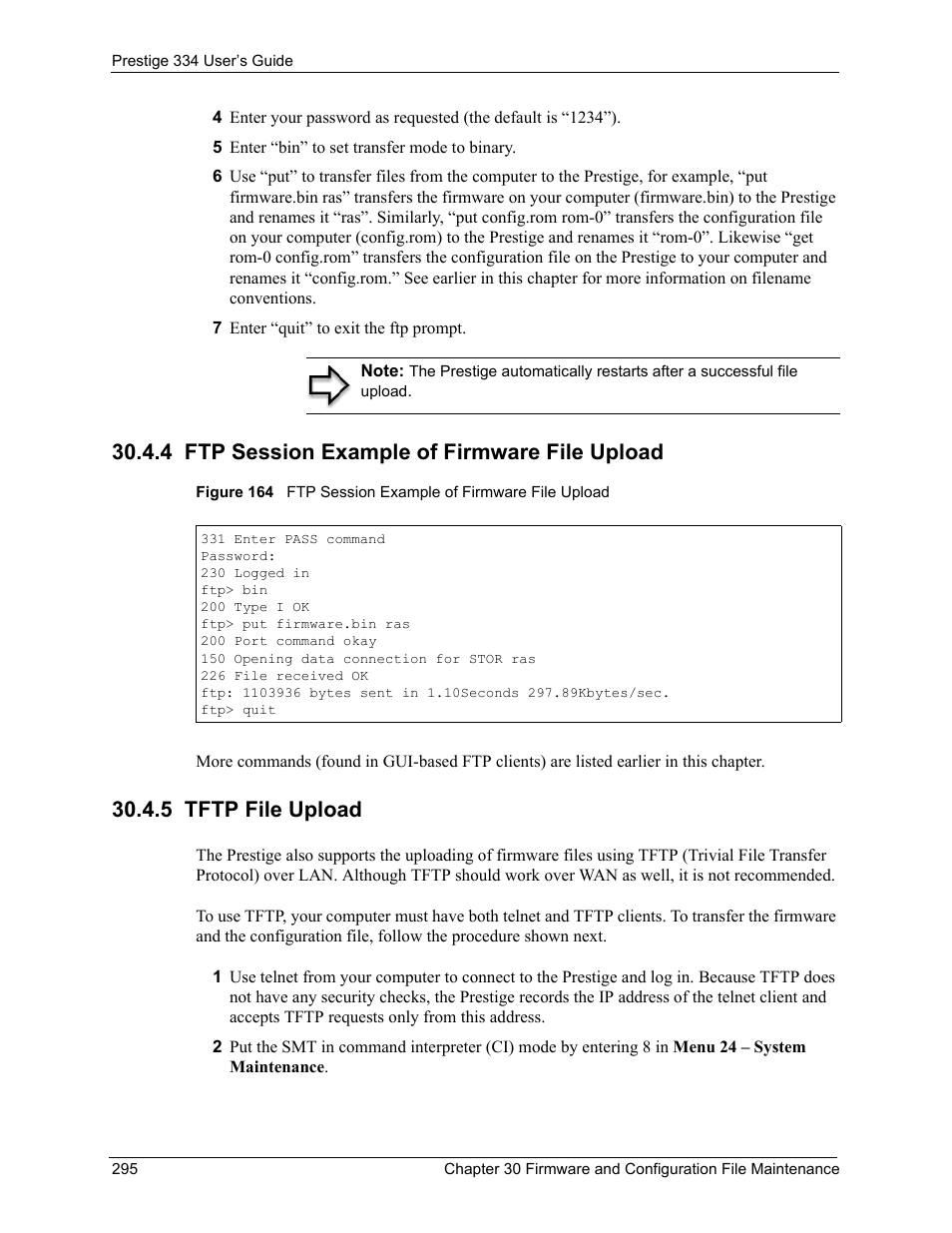 4 ftp session example of firmware file upload, 5 tftp file upload | ZyXEL Communications P-334 User Manual | Page 296 / 366