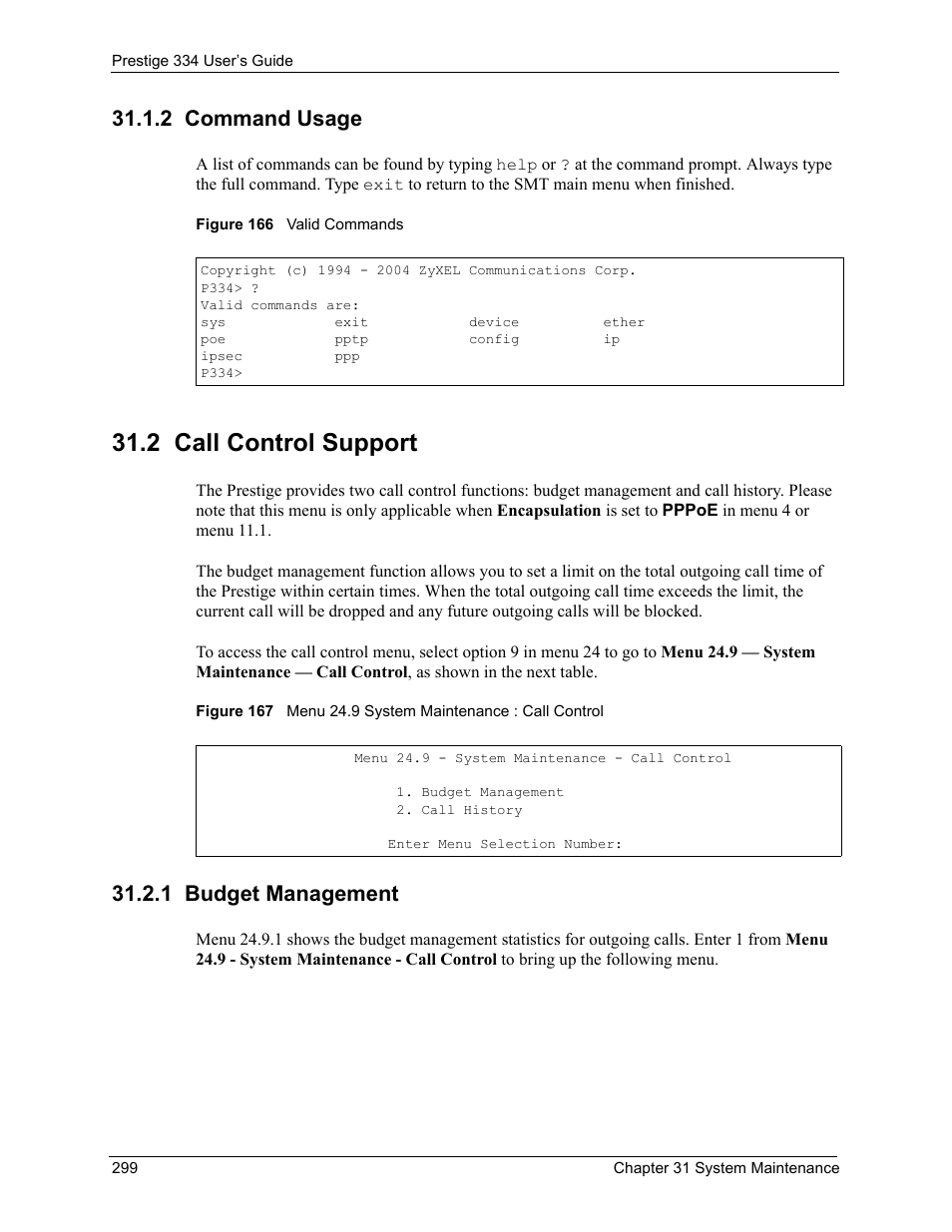 2 command usage, 2 call control support, 1 budget management | ZyXEL Communications P-334 User Manual | Page 300 / 366