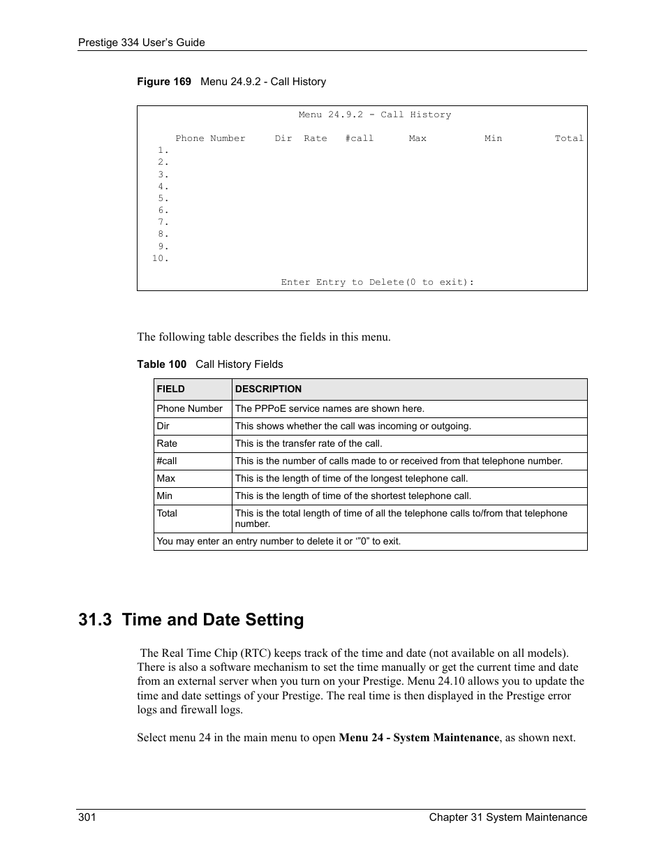 3 time and date setting, Figure 169 menu 24.9.2 - call history, Table 100 call history fields | ZyXEL Communications P-334 User Manual | Page 302 / 366