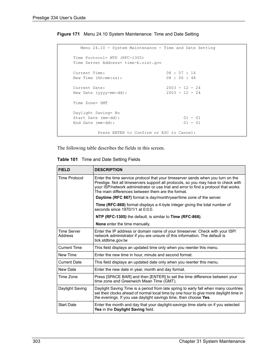 Table 101 time and date setting fields | ZyXEL Communications P-334 User Manual | Page 304 / 366